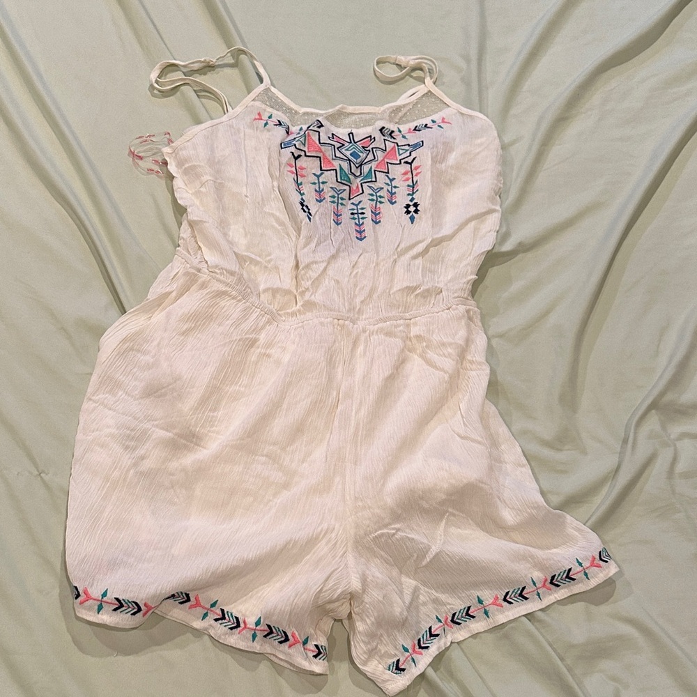 White Embroidered Cotton Romper - Spaghetti Strap One-Piece